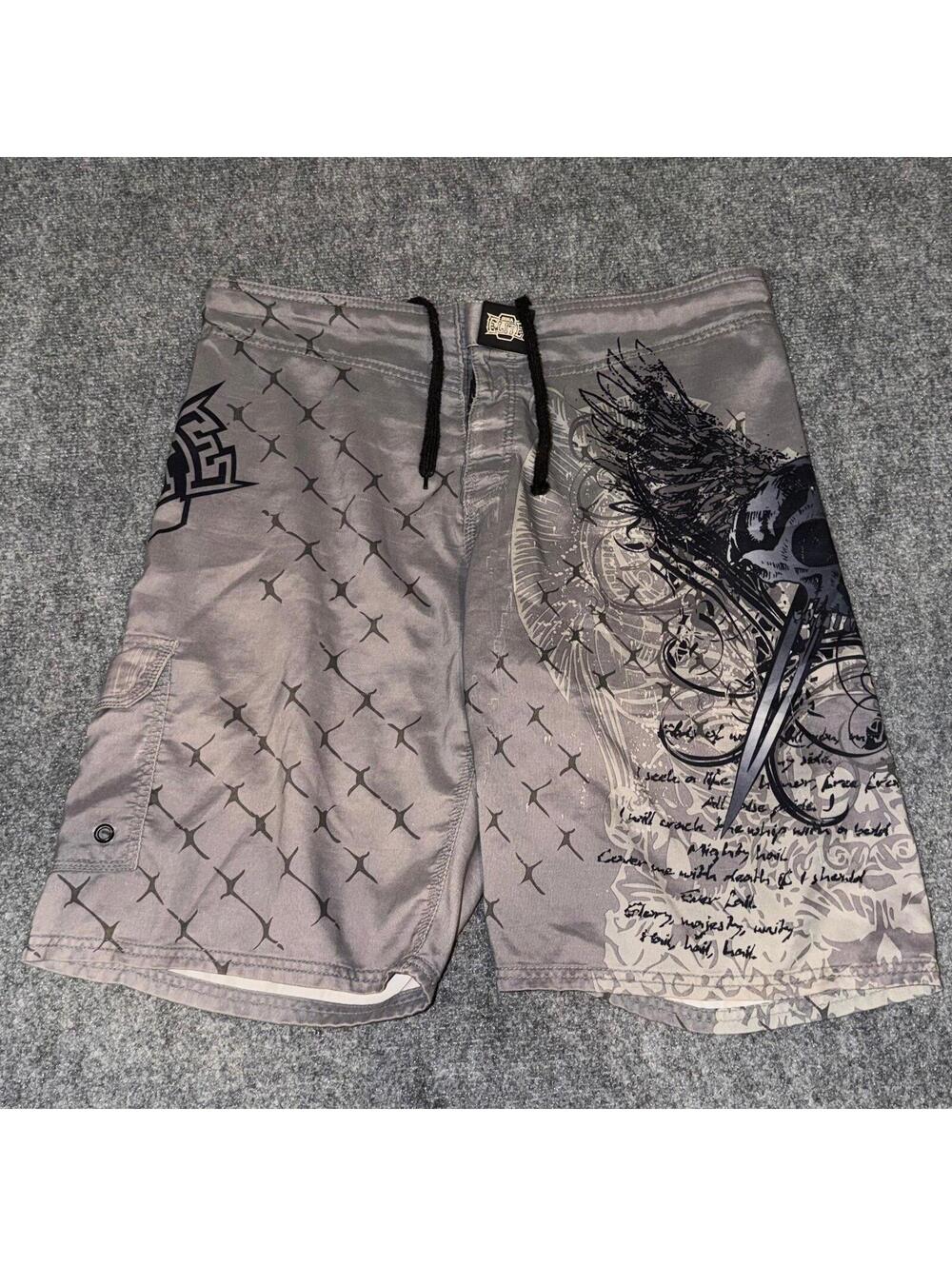 MMA Elite Grey Skull Grunge Surf Board Shorts Mens XL Vtg y2k 90s Rare